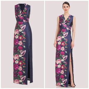Kay Unger Dark Midnight Blue Coraline Floral Faux Wrap Sheath Gown